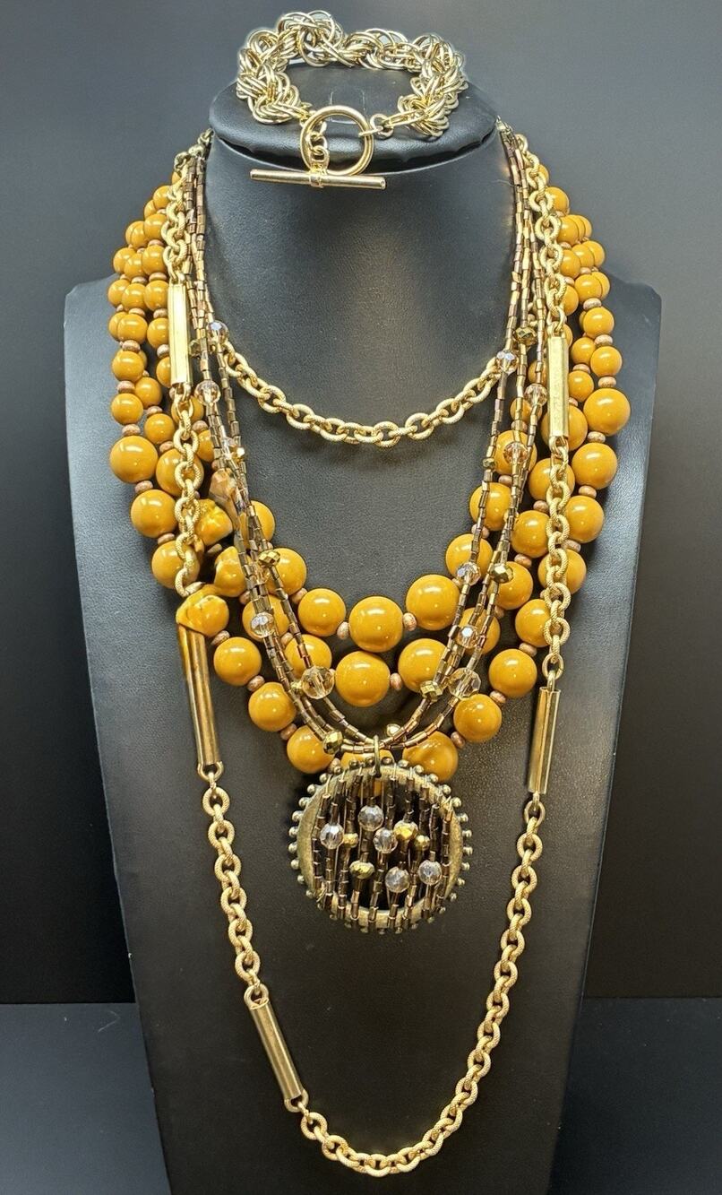 Statement Necklace Lot Earth Tones Gold Cookie Lee Signed Elegant Boho Beaded